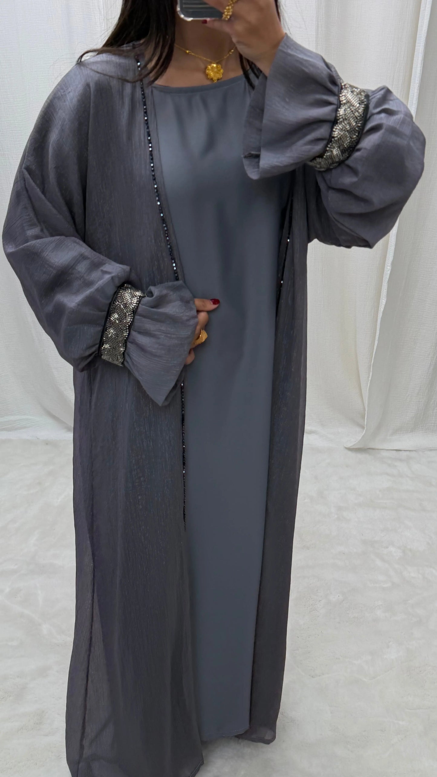 Abaya Kimono 3 pièces en organza – Dubai Dark Blue MissChadou