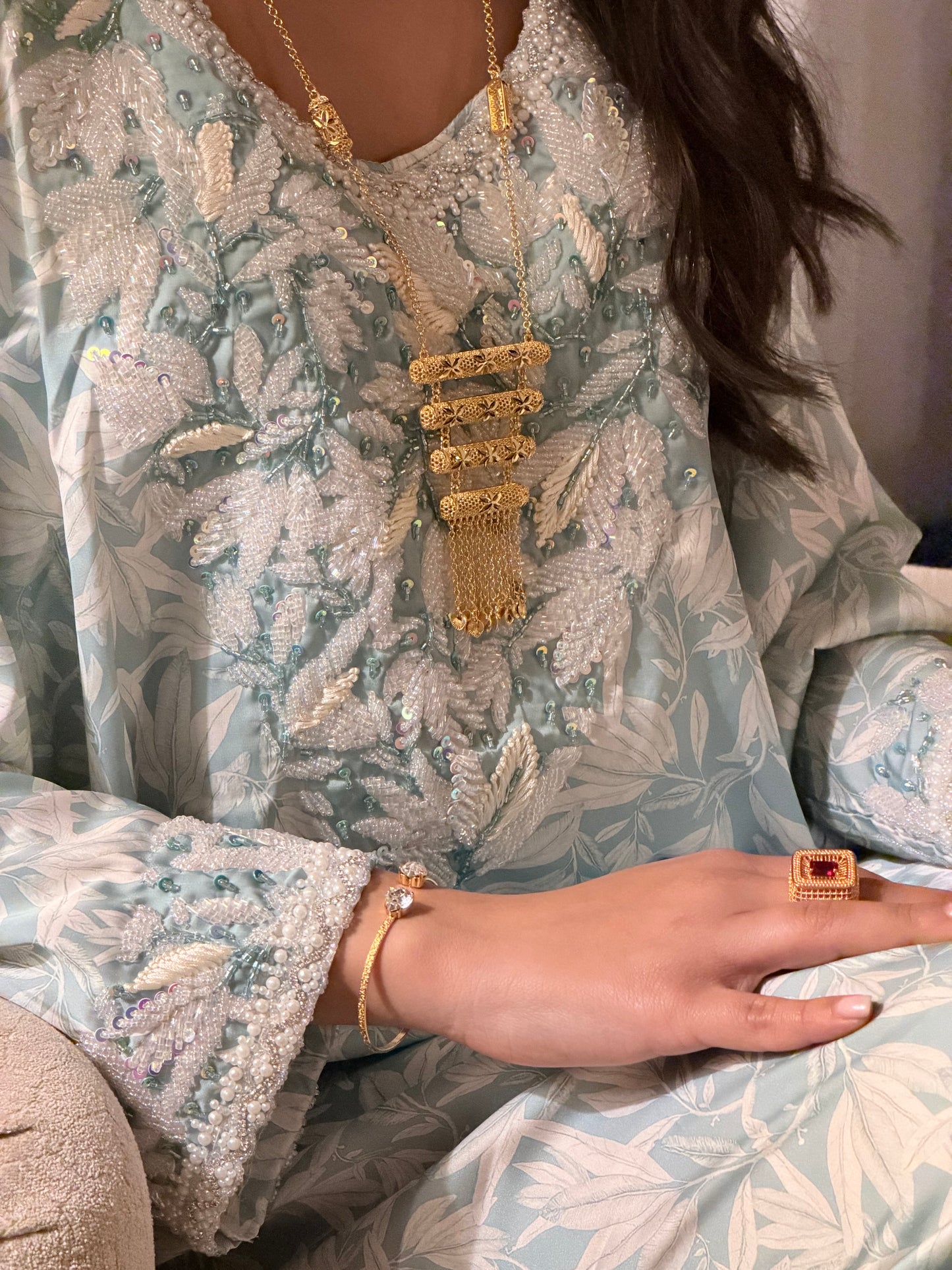 Makhaweer Feuillage Bleu Ciel – Soie Italienne
