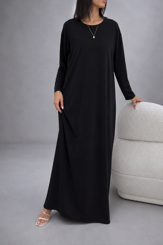 Sous-Robe Noire Manches Longues – Nidah Coréen Premium | Sous Abaya & Kimono