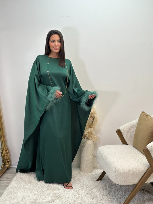 Abaya verte émeraude à plumes en satin dina