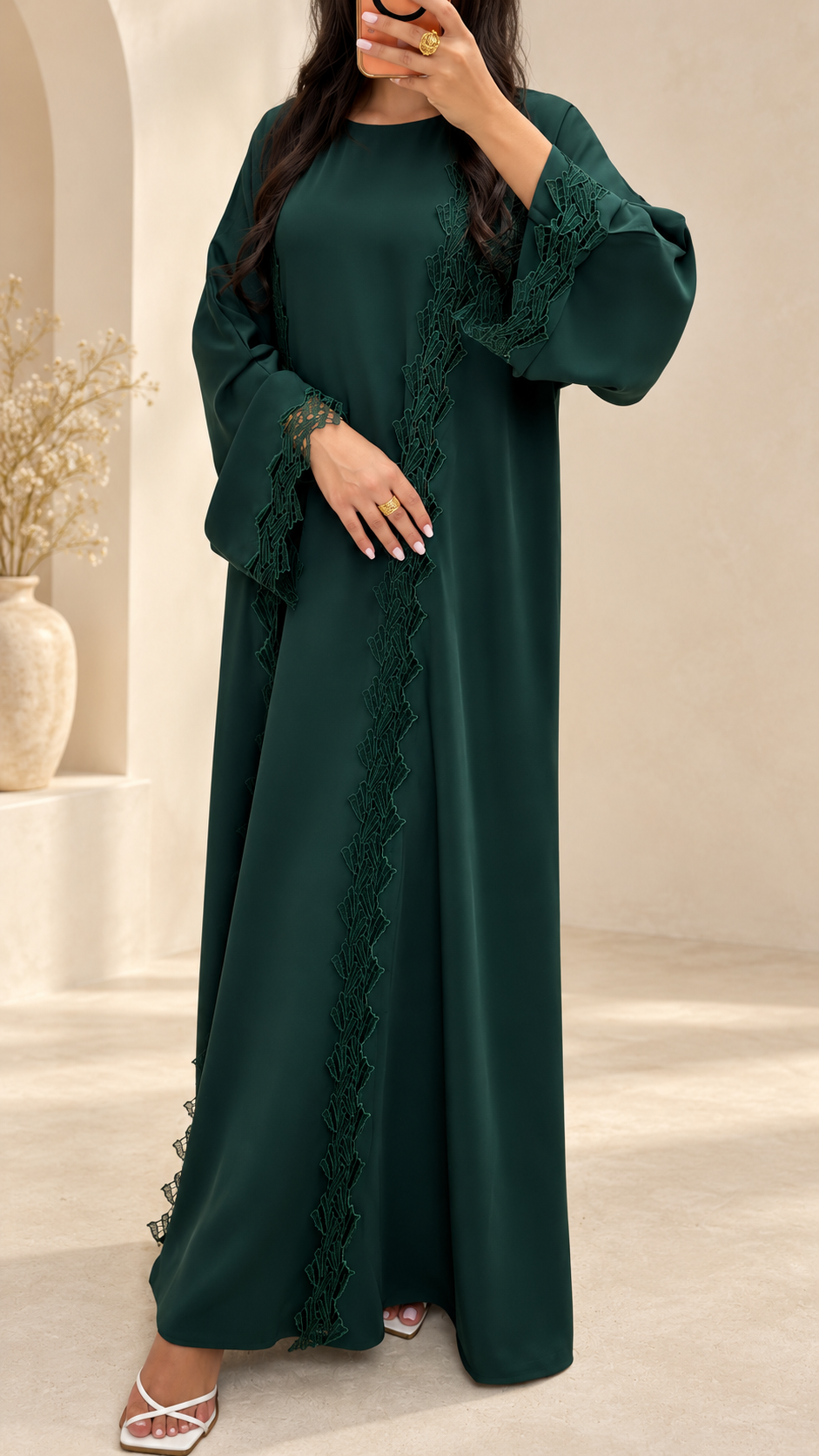 Kimono Dubai vert émeraude 3 pièces avec sous-robe assortie