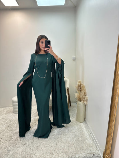 robe à cape verte sapin en satin ludmila