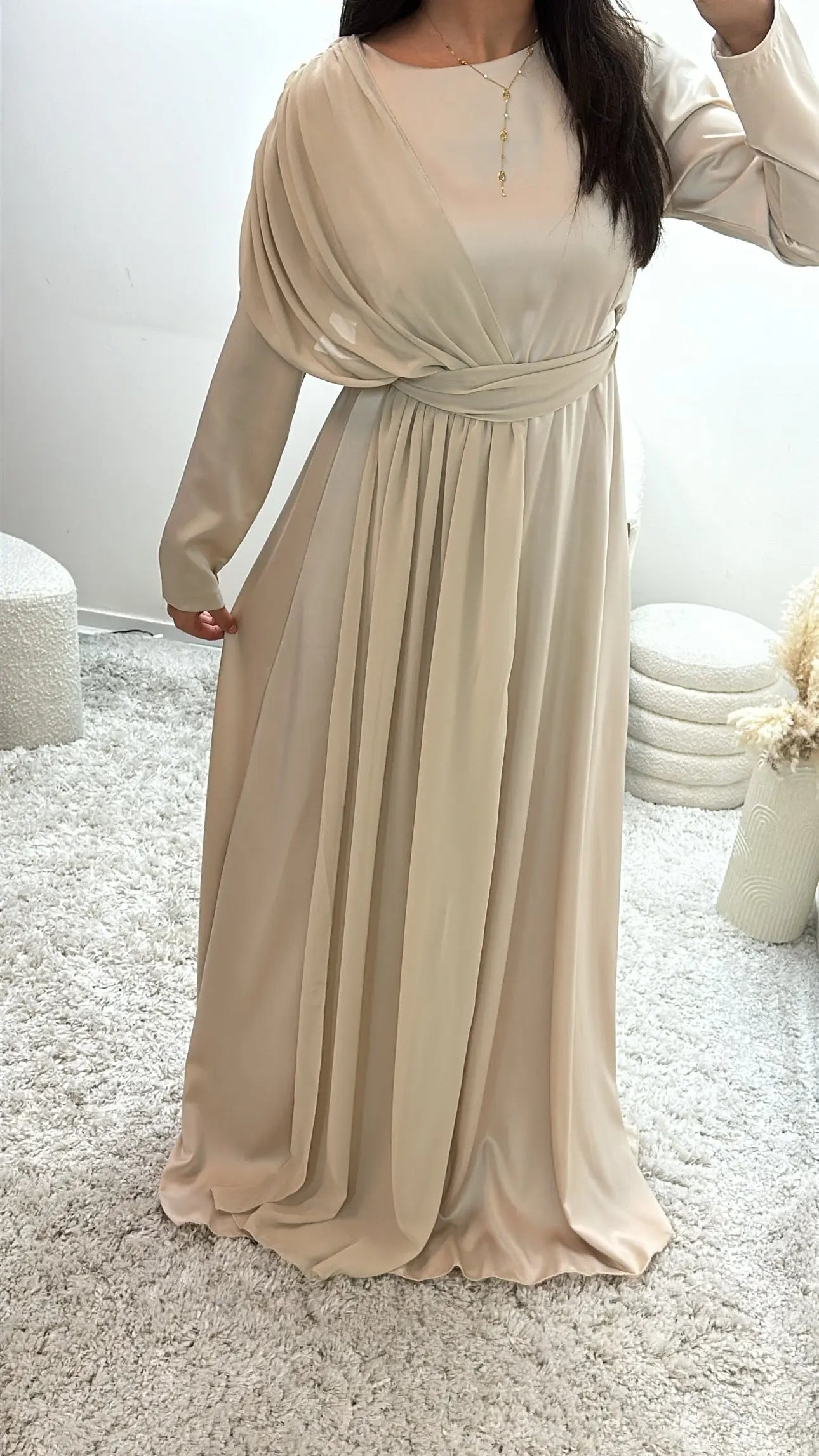 Inaya Beige Satin Evening Dress