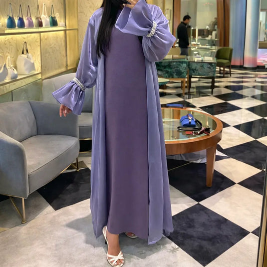 Kimono 3 pièces Dubaï en organza lila à manches ornées de diamants MissChadou