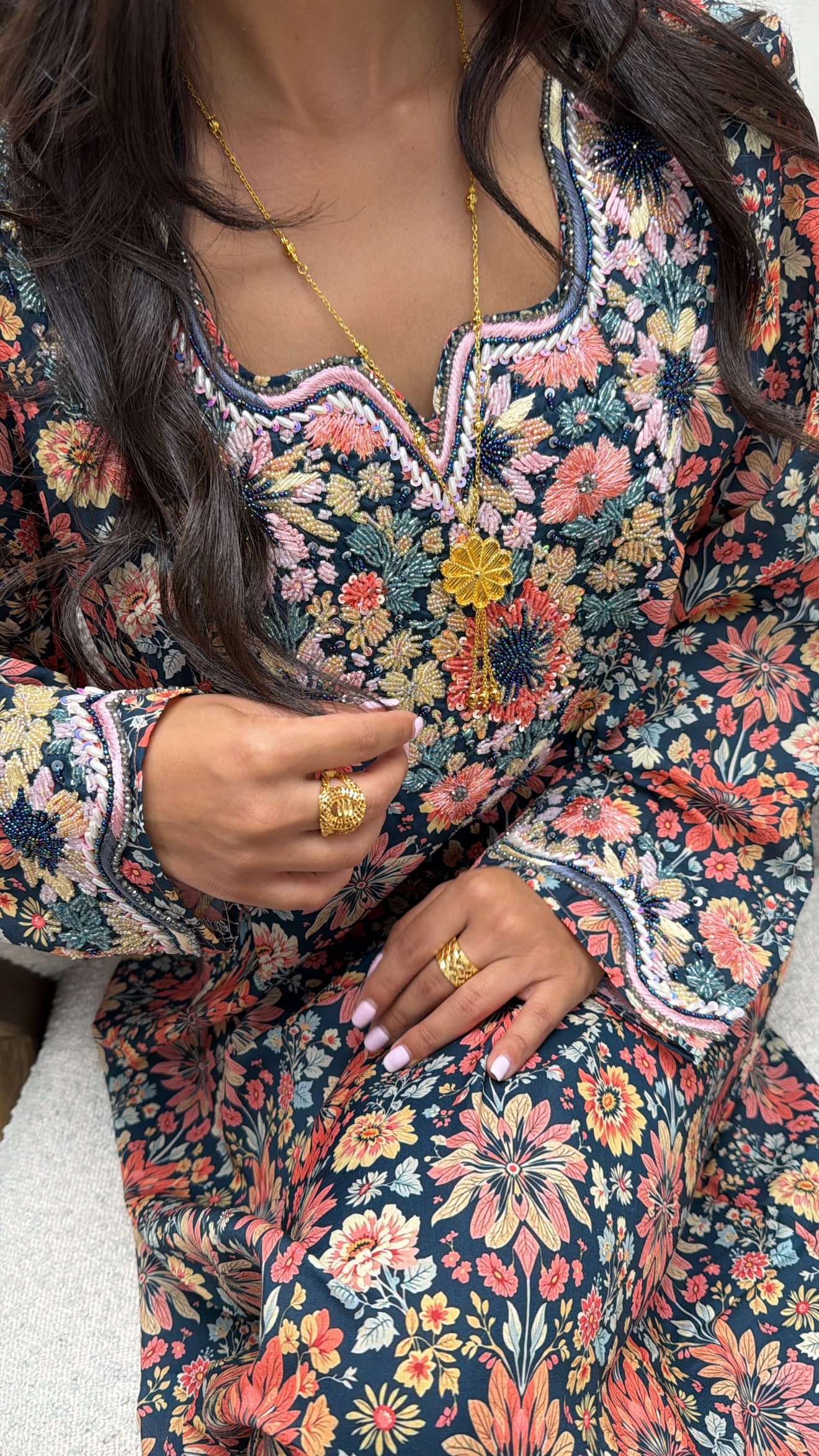 Makhaweer floral multicolore en coton premium, robe émiratie cérémonie — Miss Chadou