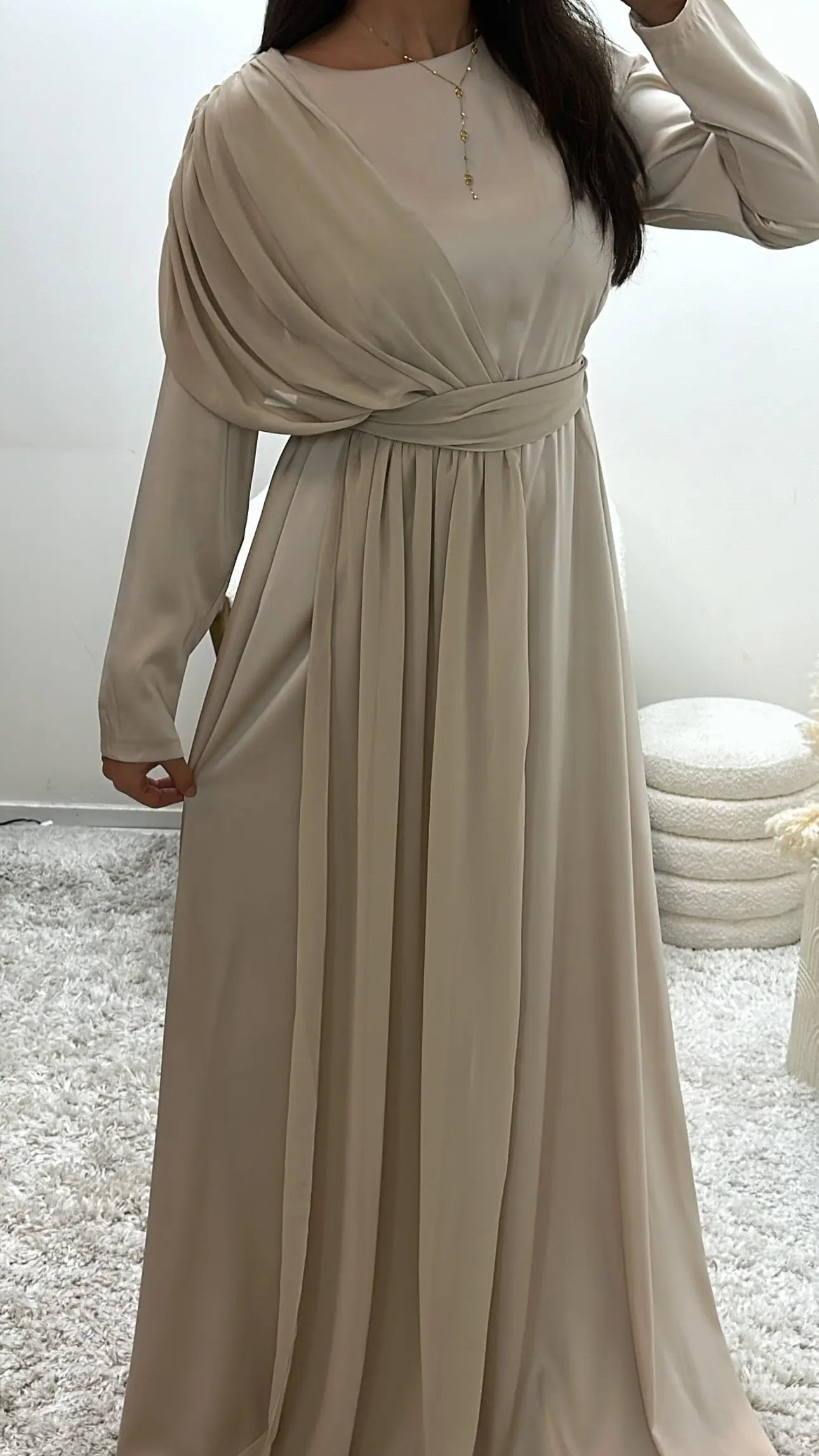 Inaya Beige Satin Evening Dress