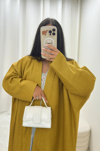 Kimono long en lin moutarde – Ensemble 3 pièces MissChadou