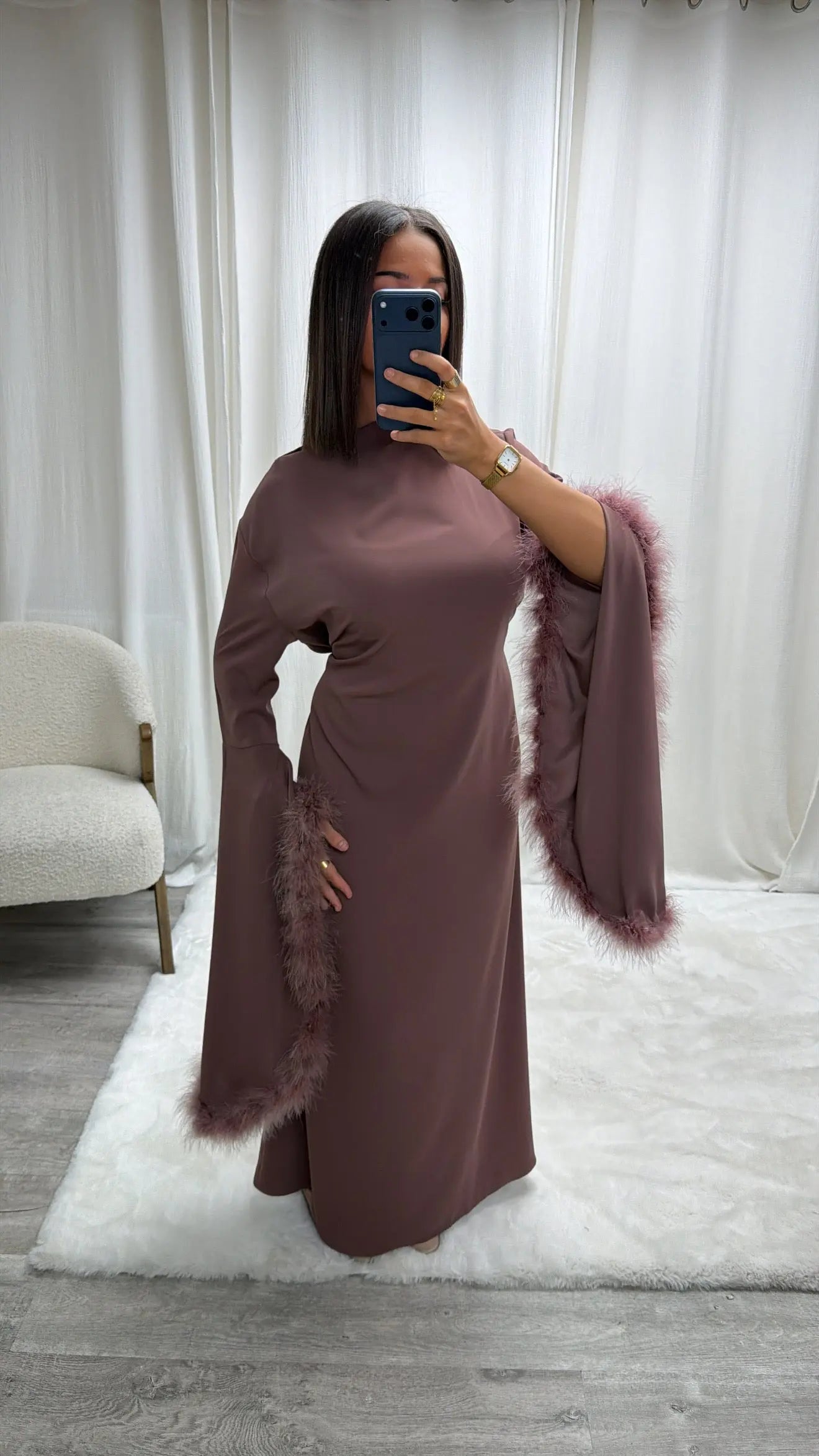 Robe de soirée fluide avec plumes Salma Miss Chadou