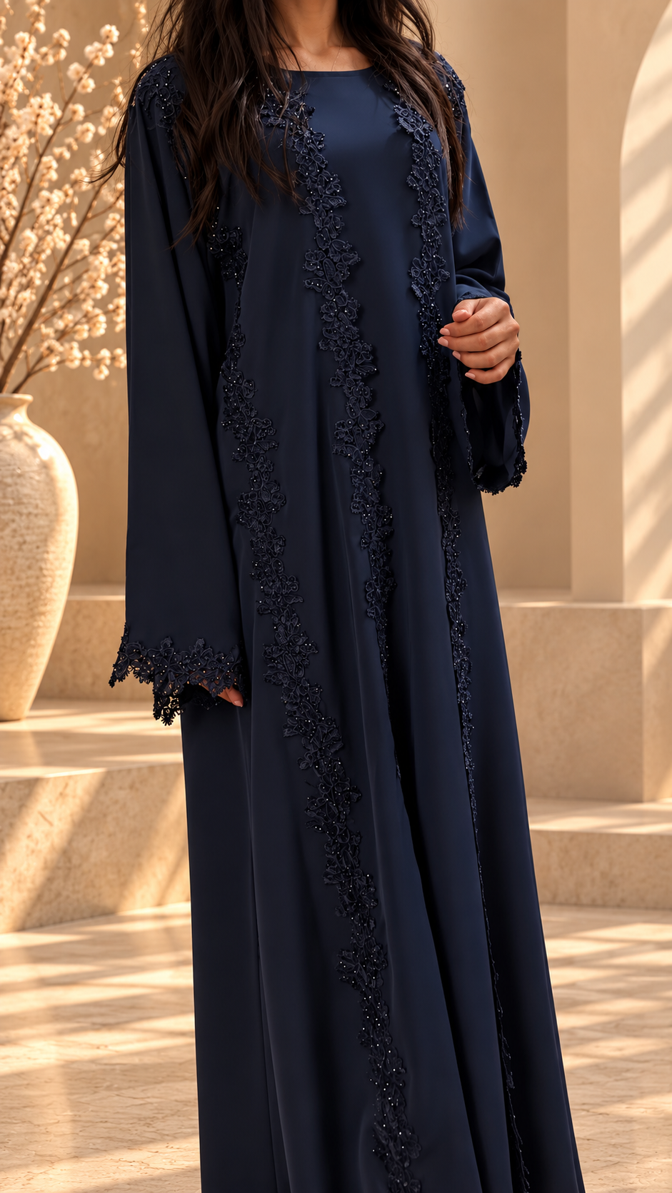Dentelle guipure perlée appliquée main sur le kimono Mirdif bleu nuit