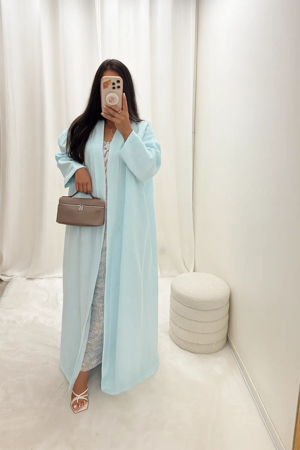 Kimono long en lin bleu ciel – Ensemble 3 pièces MissChadou