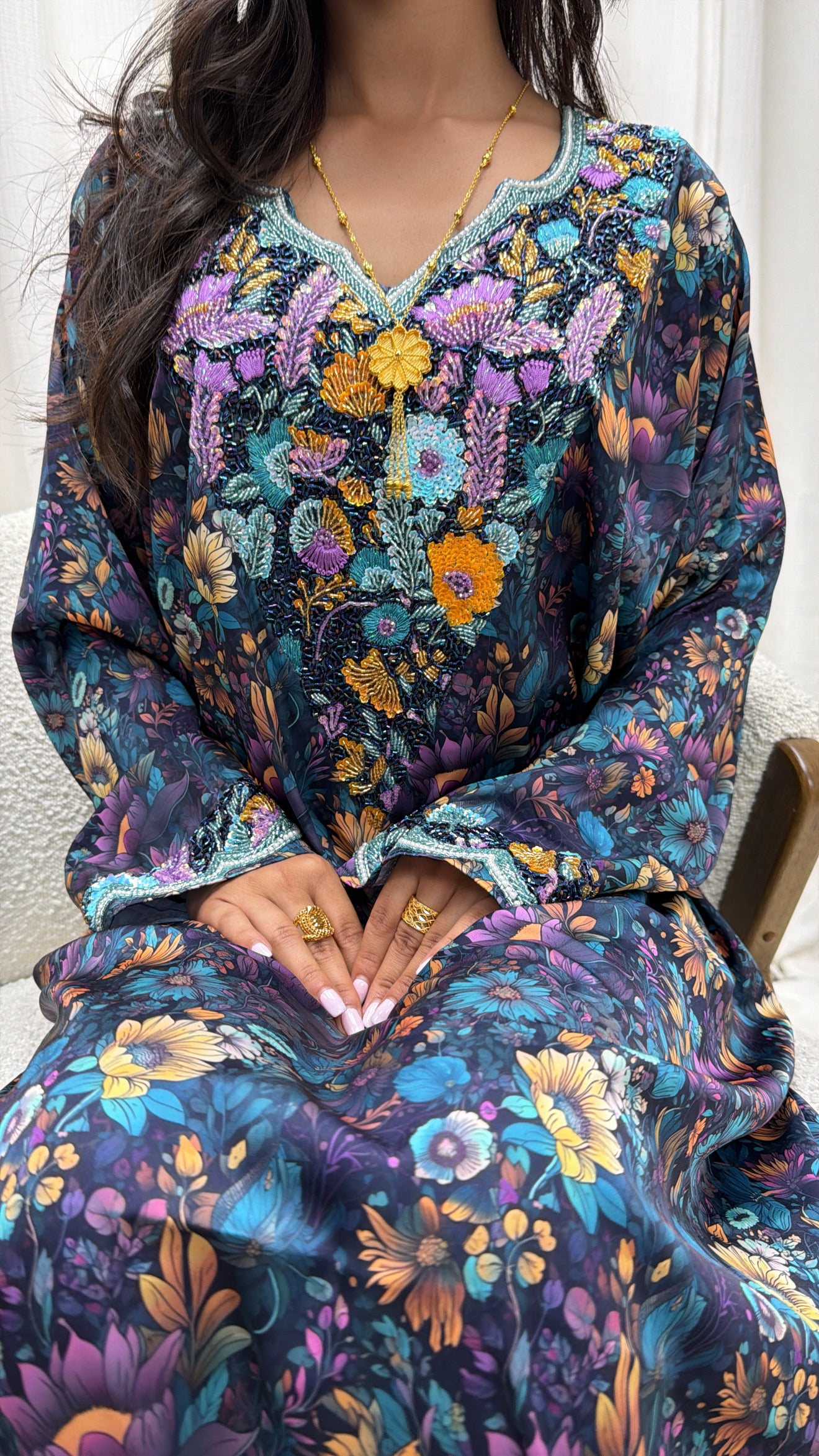 Makhaweer soie italienne broderie florale multicolore, coupe oversize — Miss Chadou
