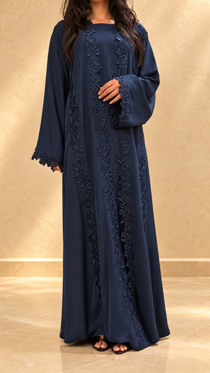 Abaya kimono Mirdif bleu nuit pour mariage, Aïd et soirée
