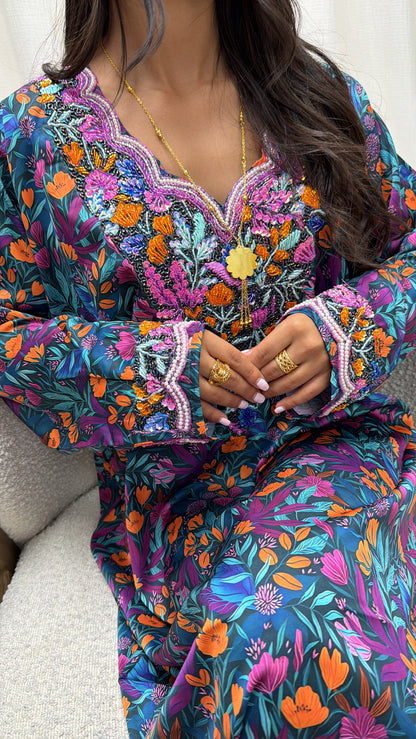 Makhaweer soie italienne jardin fleuri multicolore, broderie perlée main — Miss Chadou