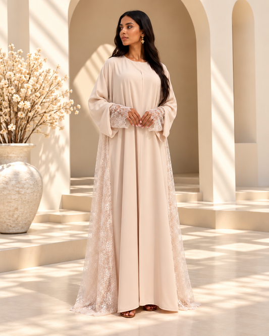 Abaya Kimono Lulwa Beige 3 Pièces – Dentelle