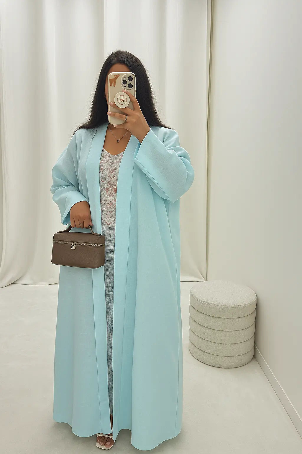 Kimono long en lin bleu ciel – Ensemble 3 pièces MissChadou