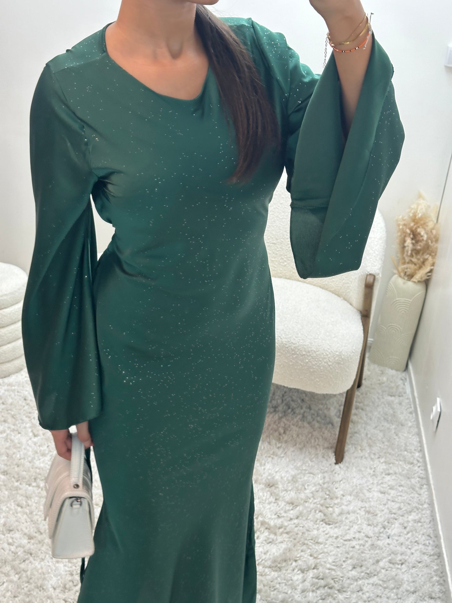 Robe Verte en Satin à Paillettes Ella