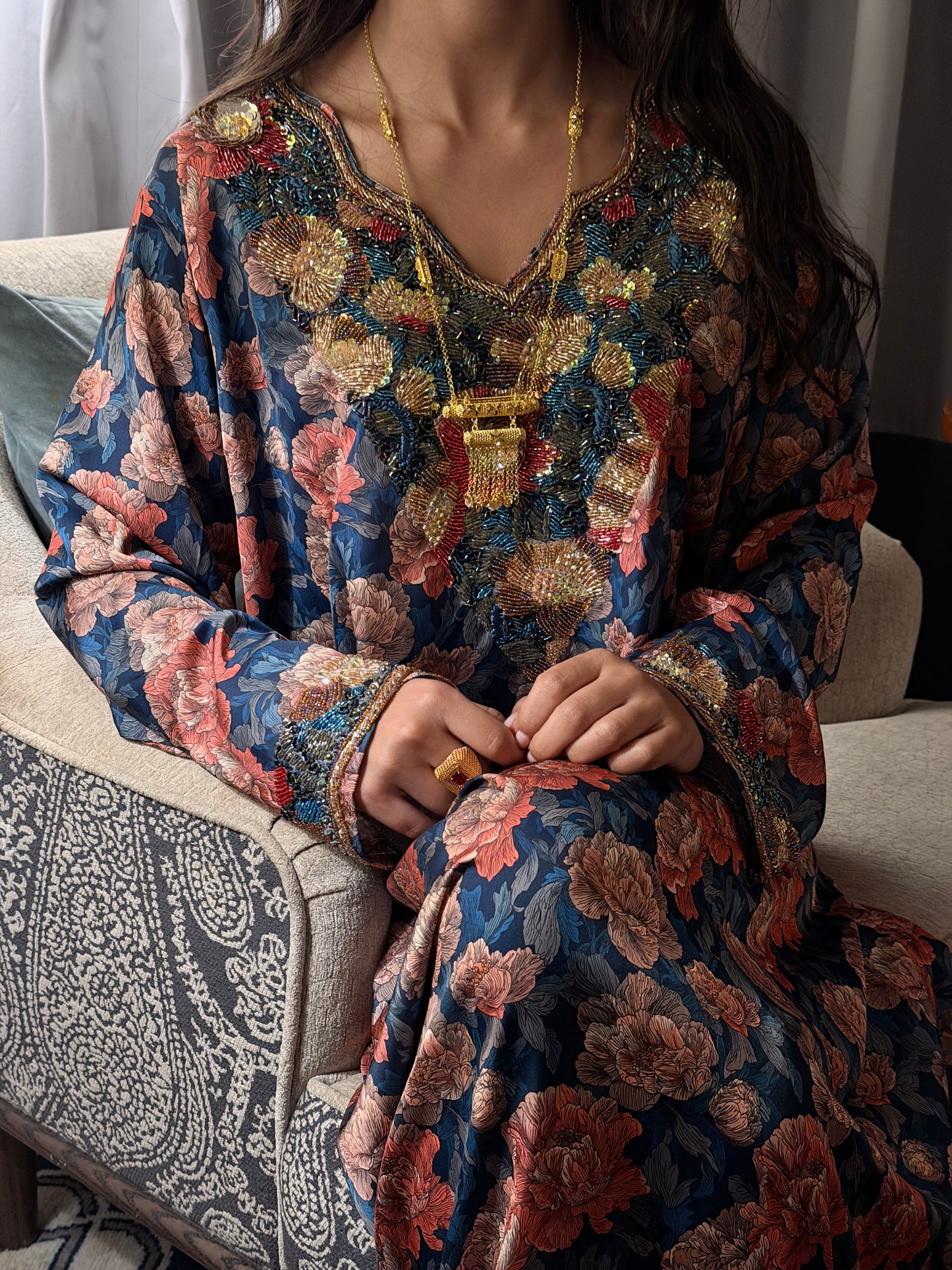 Makhaweer Floral Bleu Marine – Soie Italienne Fait Main