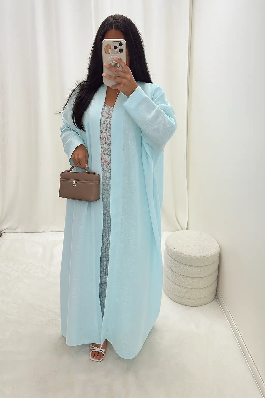 Kimono long en lin bleu ciel – Ensemble 3 pièces MissChadou