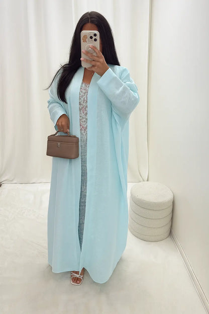 Kimono long en lin bleu ciel – Ensemble 3 pièces MissChadou