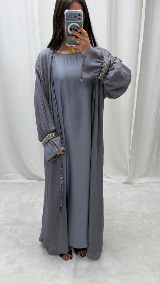 Abaya Kimono 3 pièces en organza – Dubai Dark Blue MissChadou