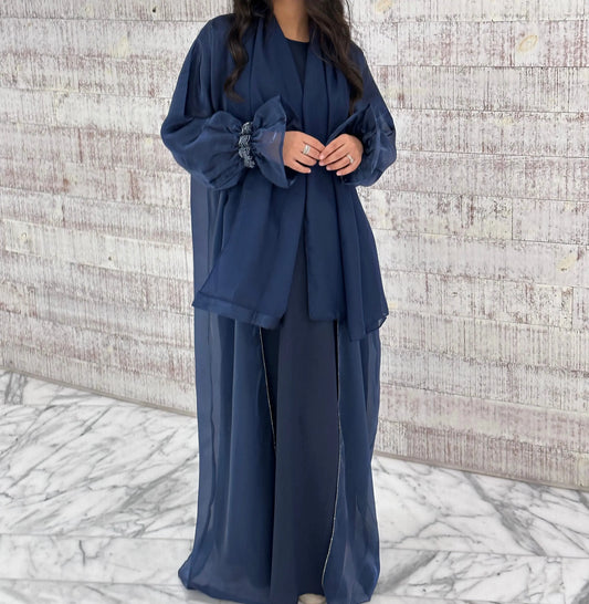 Kimono organza bleu nuit 3 pièces – Collection Dubaï MissChadou
