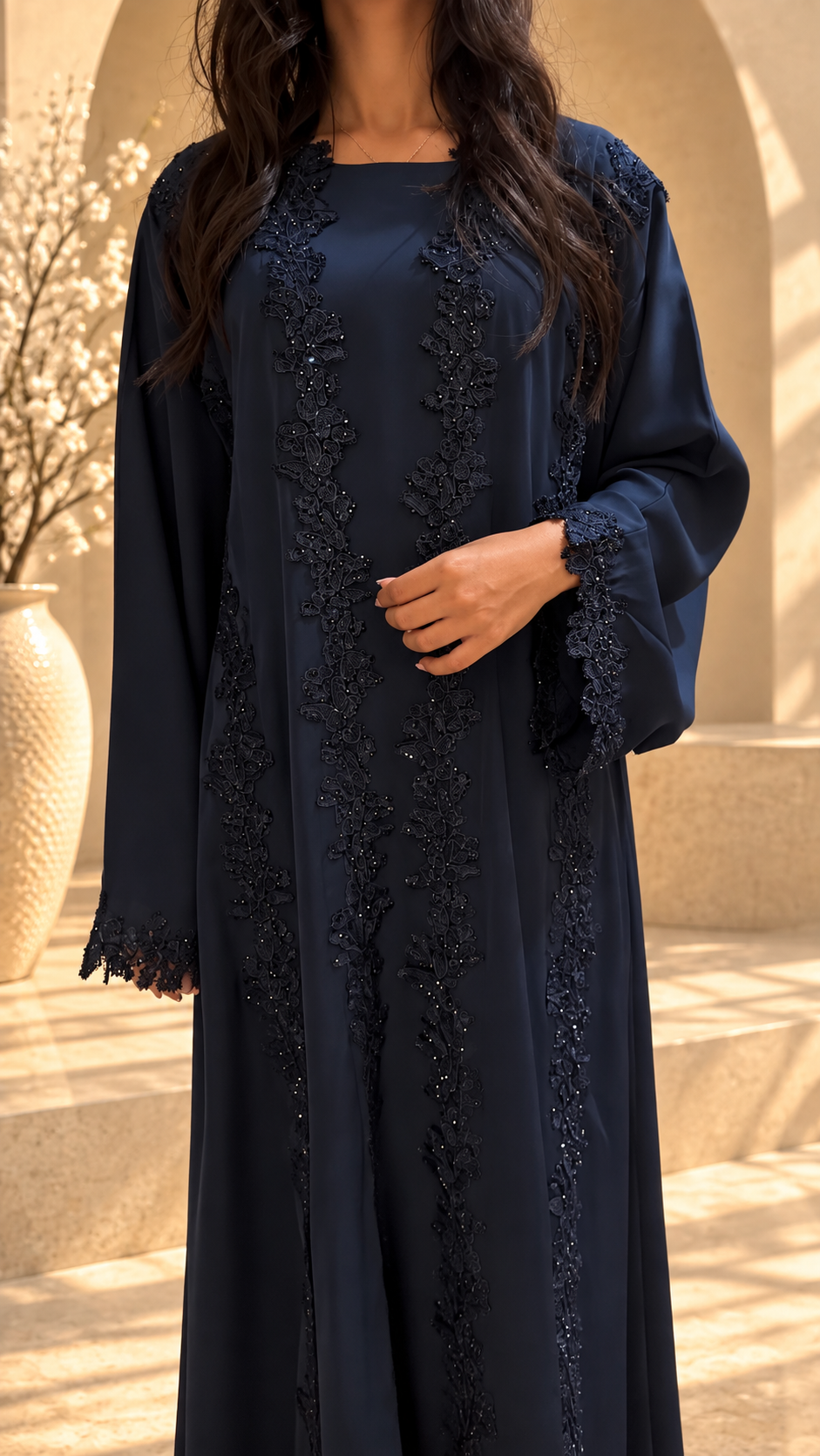 Abaya kimono Mirdif bleu nuit, tombé fluide en nidah coréen – modest fashion