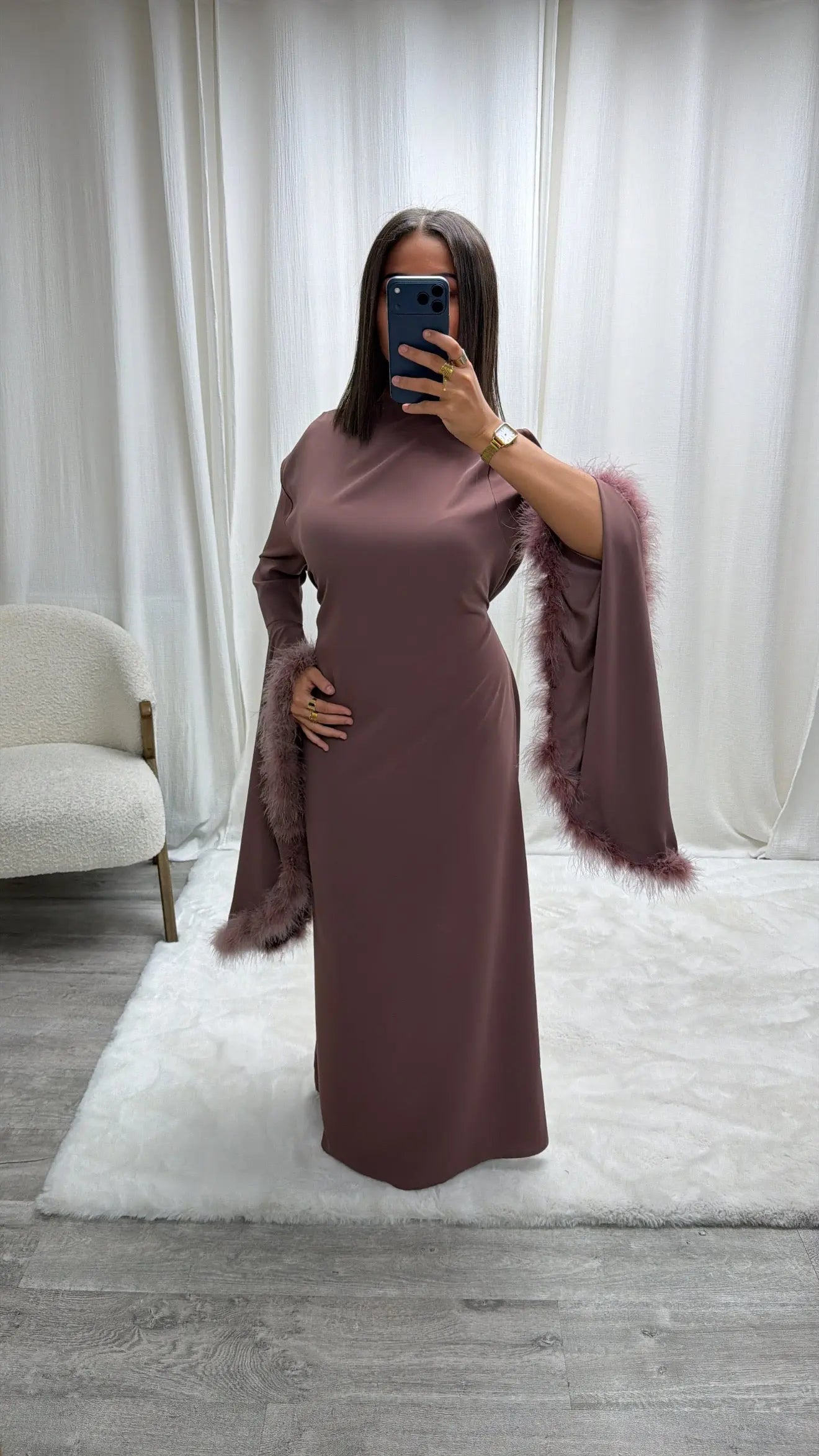 Robe de soirée fluide avec plumes Salma Miss Chadou