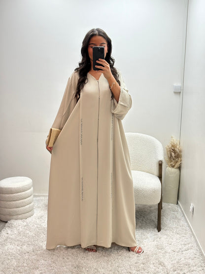 Abaya Dubai Strass Beige Blanc Nimat