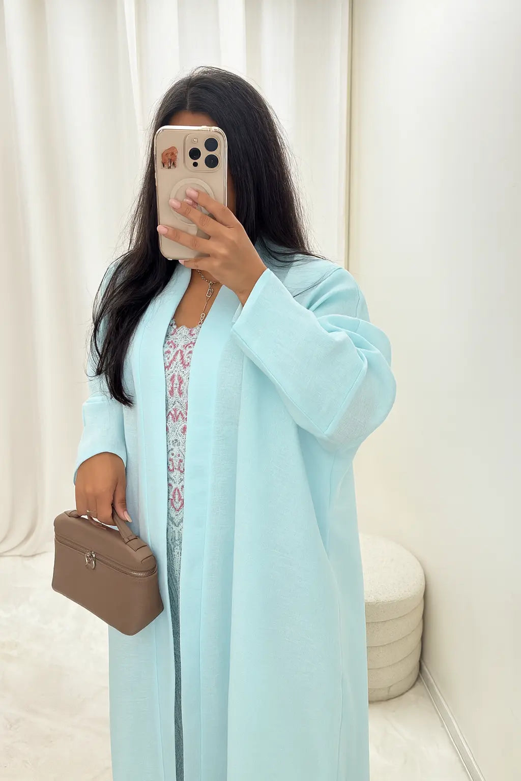 Kimono long en lin bleu ciel – Ensemble 3 pièces MissChadou