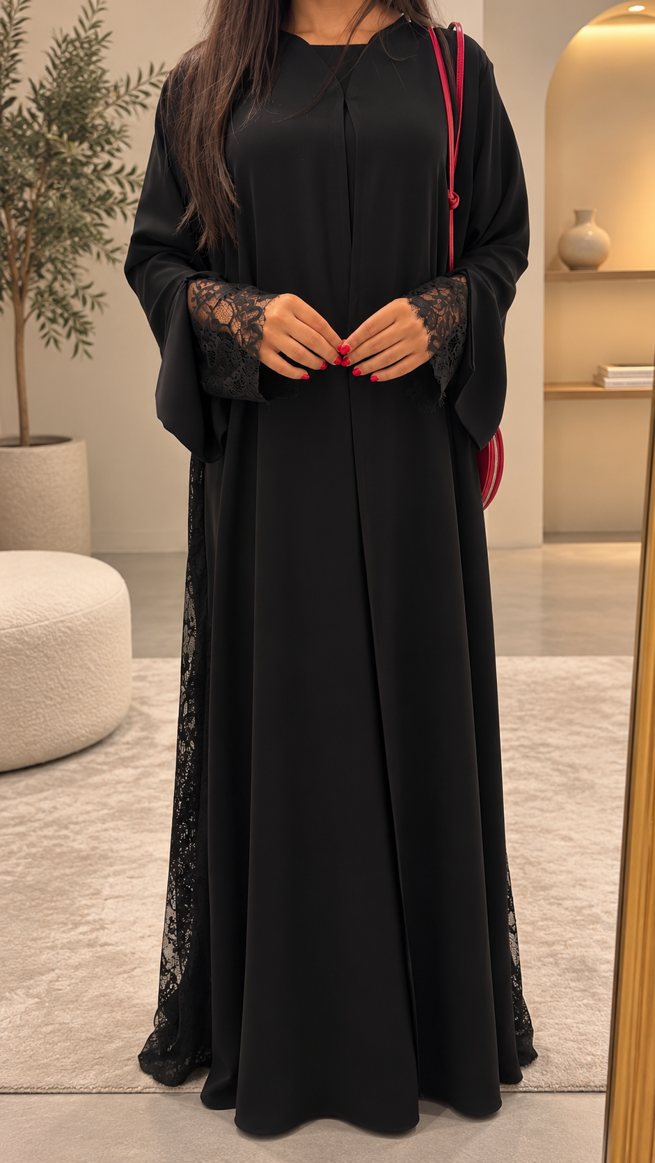 Abaya noire dentelle Lulwa coupe kimono longue et fluide