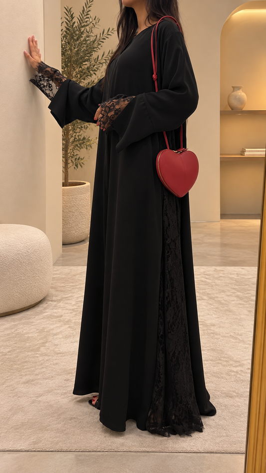 Abaya Dubai noire Lulwa 3 pièces avec dentelle florale