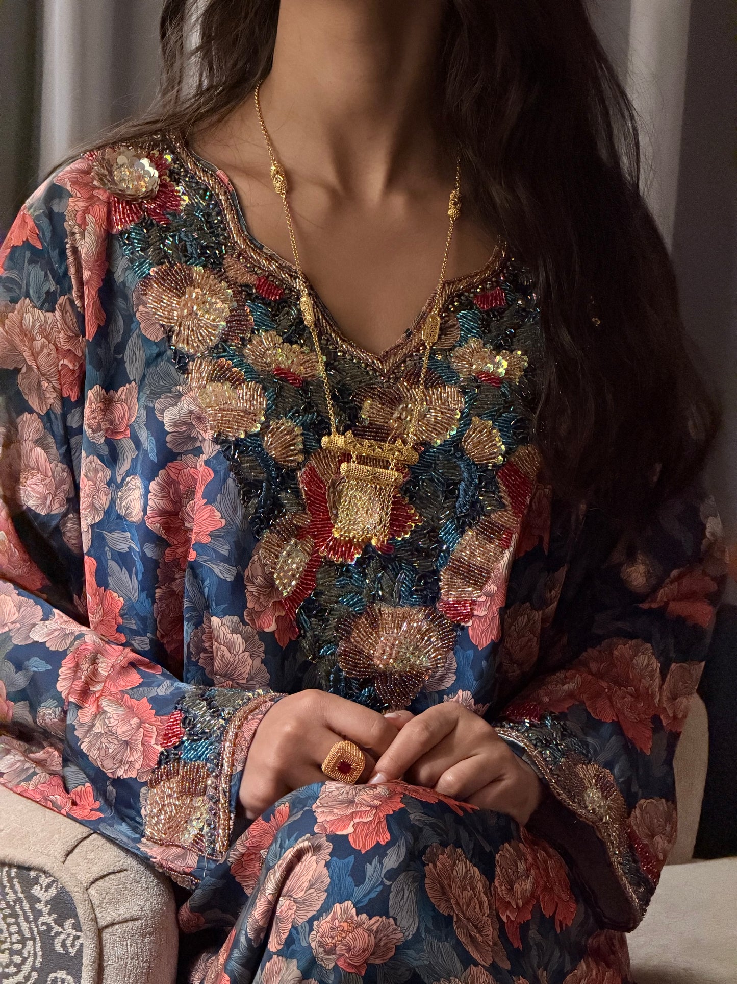 Makhaweer Floral Bleu Marine – Soie Italienne Fait Main
