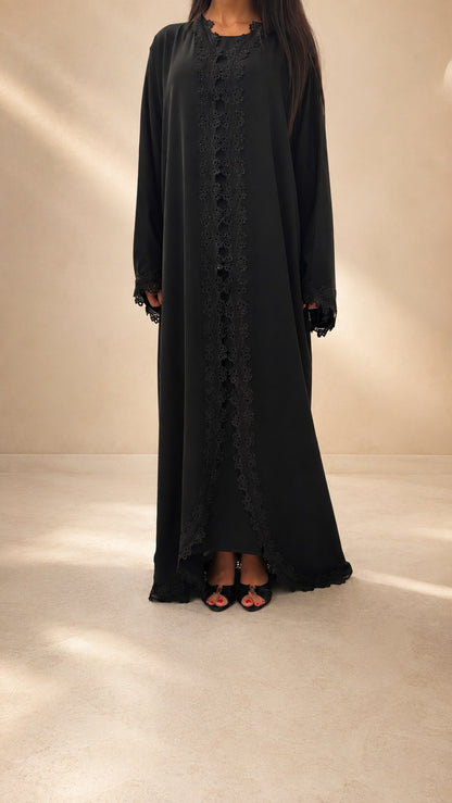 Abaya kimono noire Al Wasl à boutons pression cachés, ouverture sur toute la hauteur