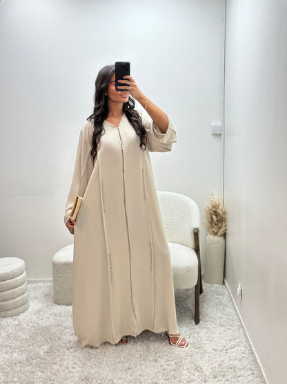 Abaya Dubai Strass Beige Blanc Nimat