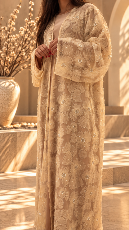Kimono Zaineb champagne pour mariage, Aïd et soirée – organza perlé