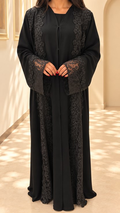 Abaya Al Manarah noire cousue main dans notre atelier à Dubai