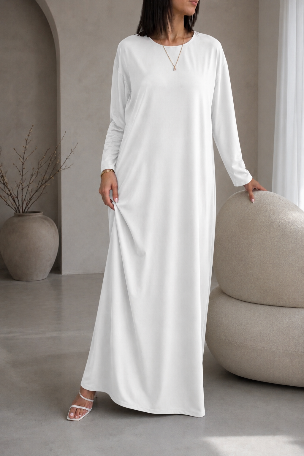 Sous-Robe Blanche Manches Longues – Nidah Coréen Premium | Sous Abaya Kimono