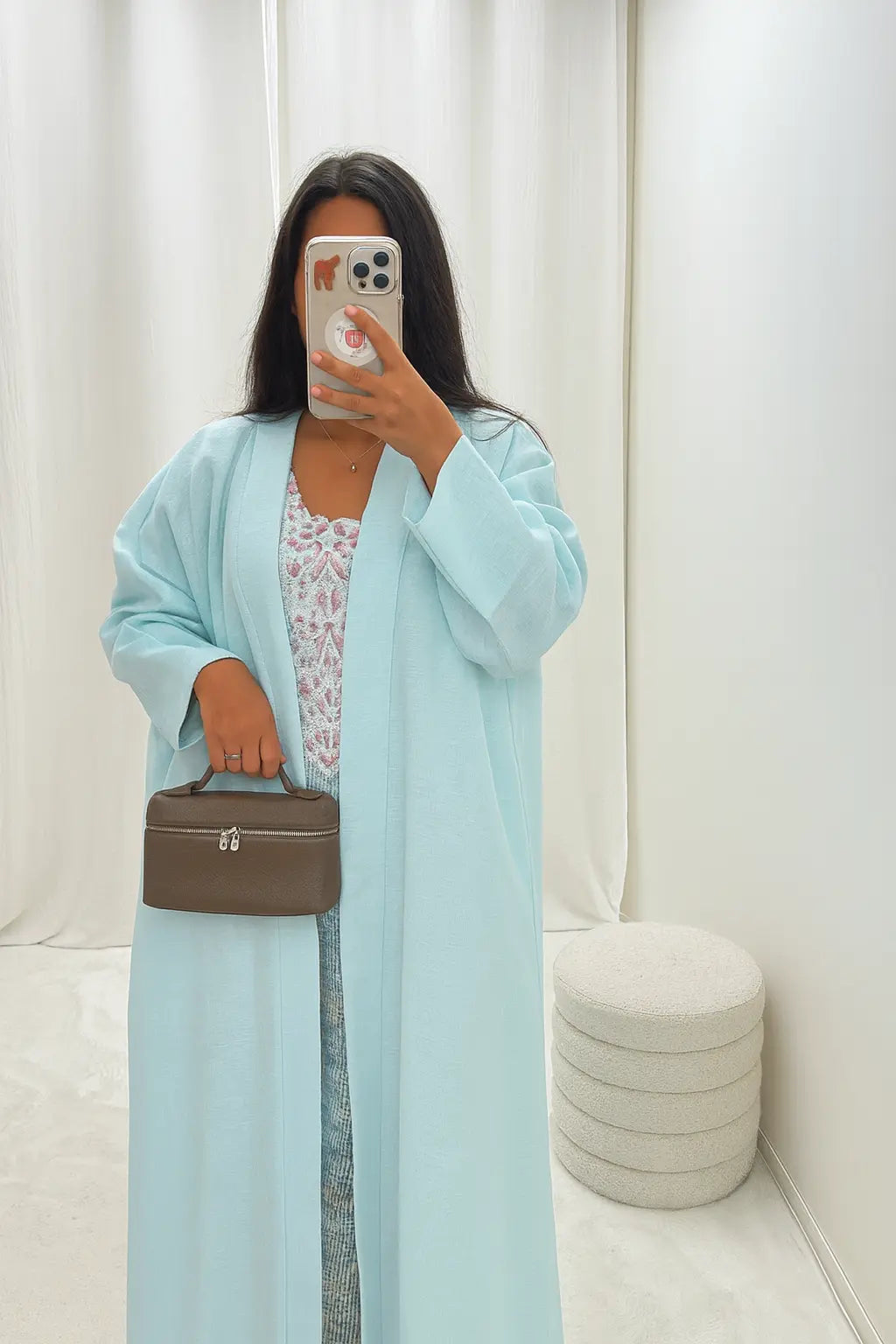 Kimono long en lin bleu ciel – Ensemble 3 pièces MissChadou