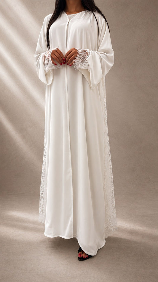 Kimono Lulwa blanc 3 pièces de Dubaï en nidah coréen premium, porté de face