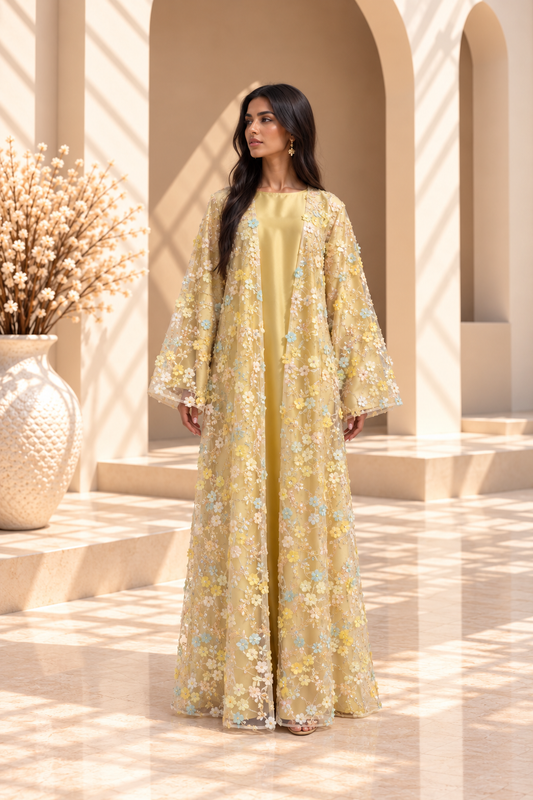 Kimono Chadou Gelb 3-teiliges Set – Premium-Organza