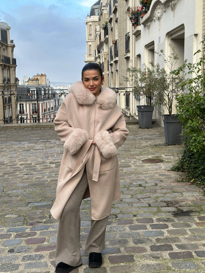 Manteau en Laine et Fourrure de Renard avec Ceinture et Capuche - Alba MissChadou