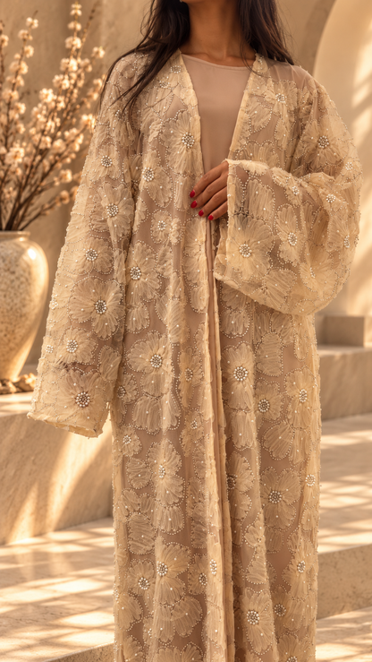 Kimono organza champagne Zaineb aux manches larges – modest fashion