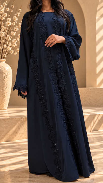 Manches larges évasées de l'abaya kimono Mirdif bleu nuit