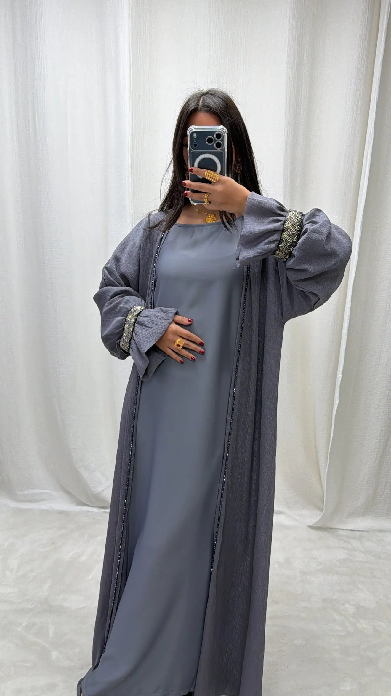 Abaya Kimono 3 pièces en organza – Dubai Dark Blue MissChadou