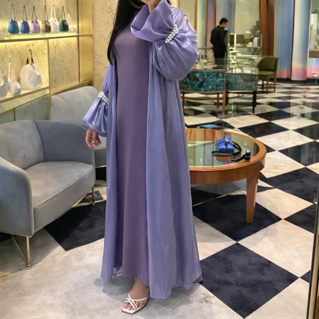 Kimono 3 pièces Dubaï en organza lila à manches ornées de diamants MissChadou