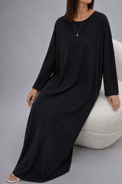 Sous-Robe Noire Manches Longues – Nidah Coréen Premium | Sous Abaya Kimono