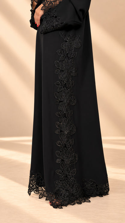 Bas de l'abaya Khaimah, ourlet festonné en dentelle guipure perlée