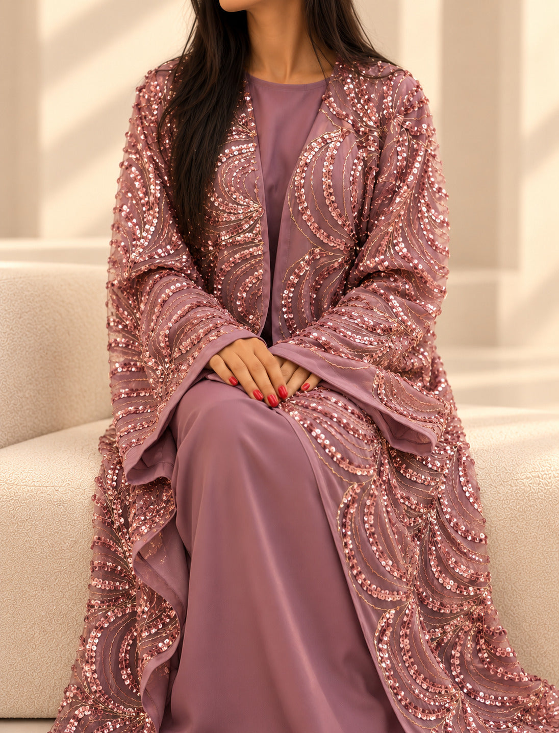Kimono en organza vieux rose brodé de sequins, porté sur sa sous-robe assortie