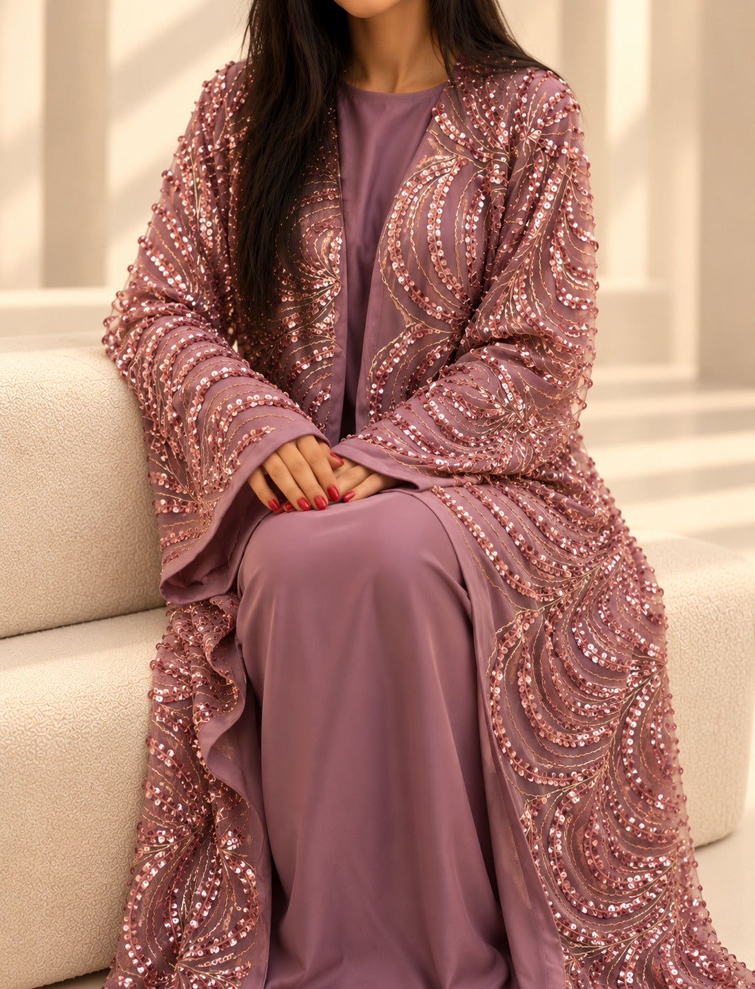 Kimono organza vieux rose à sequins, drapé étalé et manches larges