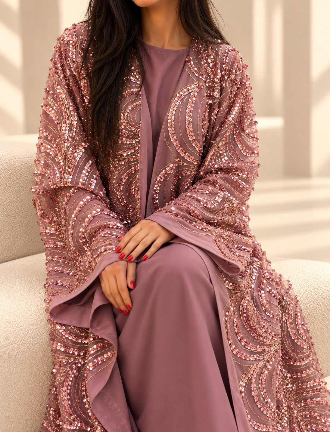 Buste du kimono en organza vieux rose, volutes de sequins et fil doré
